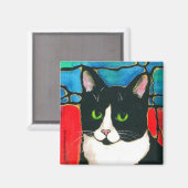 Tuxedo Cat Gestaltetes Glas Design Art T - Shirt Magnet (Vorderseite/Rückseite)