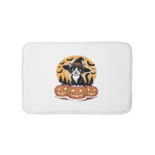 Tuxedo Cat Halloween Hexenkürbis Niedliche Pumpkin Badematte (Vorderseite)