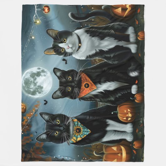Tuxedo Cat Halloween Spooky Fleecedecke (Vorderseite)