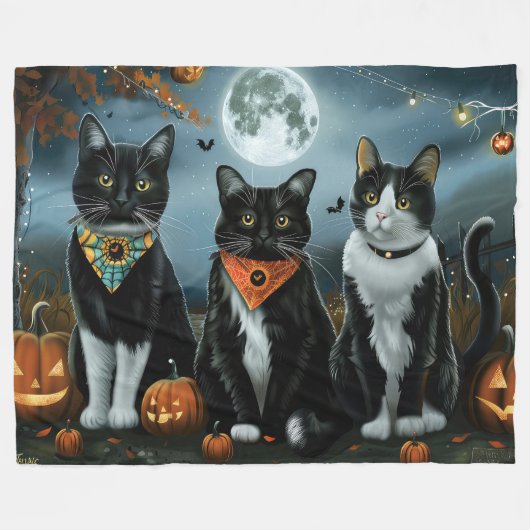 Tuxedo Cat Halloween Spooky Fleecedecke (Vorderseite (Horizontal))
