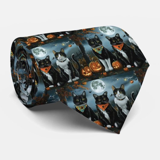 Tuxedo Cat Halloween Spooky Krawatte (Gerollt)