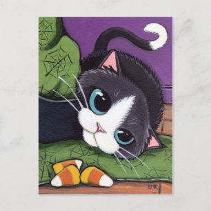Tuxedo Cat Hexen Hut & Candy Mais Halloween Postkarte