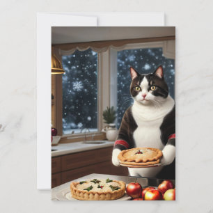 Tuxedo Cat Holding a Christmas Pie Feiertagskarte
