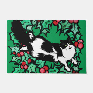 Tuxedo Cat Holly Weihnachten Artwork Katzen Fußmatte