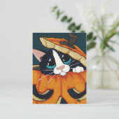 Tuxedo Cat in Pumpkin Halloween Postcard Postkarte (Stehend Vorderseite)