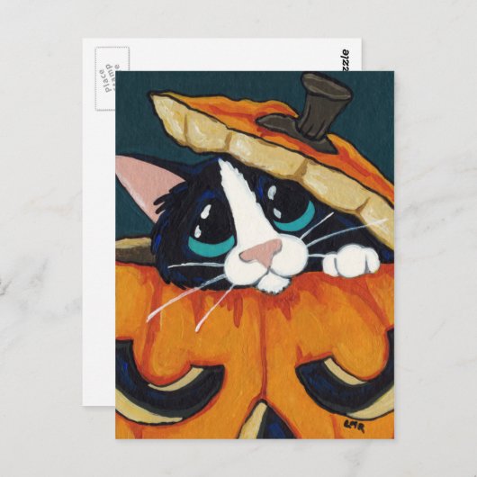 Tuxedo Cat in Pumpkin Halloween Postcard Postkarte (Vorne/Hinten)