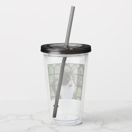 Tuxedo Cat in Window Painting Original Animal Art Acryltrinkbecher (Rückseite)