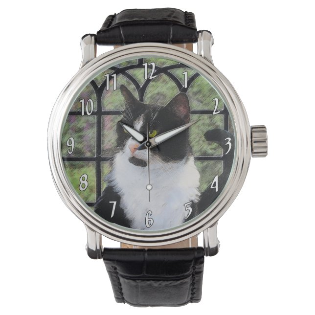 Tuxedo Cat in Window Painting Original Animal Art Armbanduhr (Vorderseite)