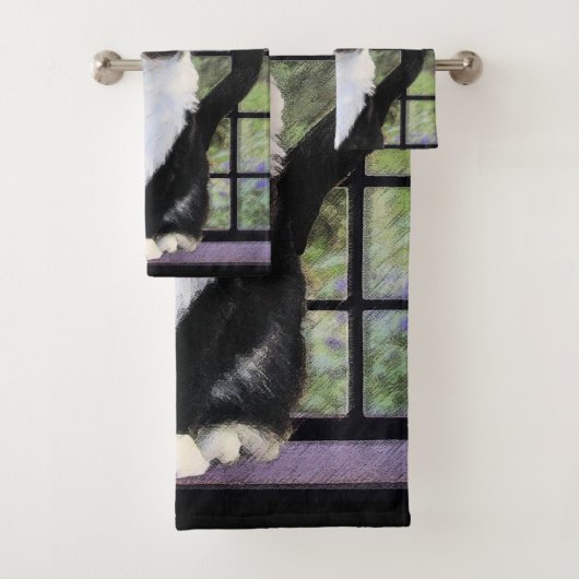 Tuxedo Cat in Window Painting Original Animal Art Badhandtuch Set (Insitu)