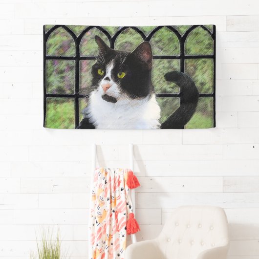 Tuxedo Cat in Window Painting Original Animal Art Banner (Insitu)