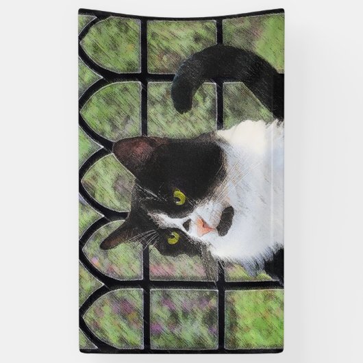 Tuxedo Cat in Window Painting Original Animal Art Banner (Vertikal)