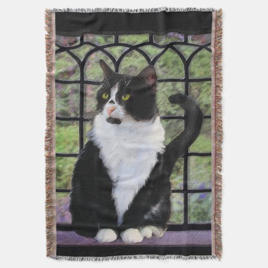 Tuxedo Cat in Window Painting Original Animal Art Decke (Vorderseite Vertikal)