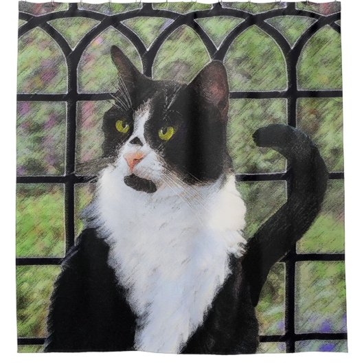 Tuxedo Cat in Window Painting Original Animal Art Duschvorhang (Vorderseite)