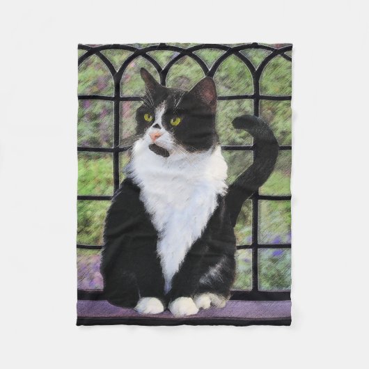 Tuxedo Cat in Window Painting Original Animal Art Fleecedecke (Vorderseite)