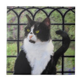 Tuxedo Cat in Window Painting Original Animal Art Fliese (Vorderseite)