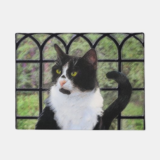 Tuxedo Cat in Window Painting Original Animal Art Fußmatte (Vorderseite)