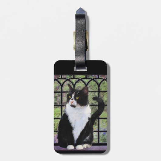 Tuxedo Cat in Window Painting Original Animal Art Gepäckanhänger (Rückseite vertikal)