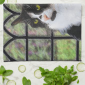 Tuxedo Cat in Window Painting Original Animal Art Geschirrtuch (Gefaltet)