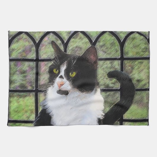 Tuxedo Cat in Window Painting Original Animal Art Geschirrtuch (Horizontal)