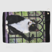 Tuxedo Cat in Window Painting Original Animal Art Golfhandtuch (Horizontal)