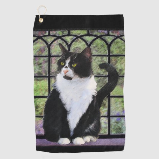 Tuxedo Cat in Window Painting Original Animal Art Golfhandtuch (Vorderseite)