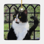 Tuxedo Cat in Window Painting Original Animal Art Keramikornament (Rückseite)
