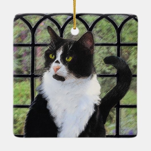 Tuxedo Cat in Window Painting Original Animal Art Keramikornament (Rückseite)