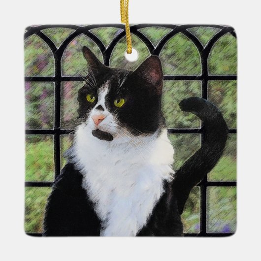 Tuxedo Cat in Window Painting Original Animal Art Keramikornament (Vorderseite)