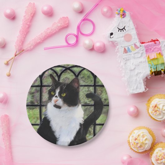 Tuxedo Cat in Window Painting Original Animal Art Pappteller (Party)