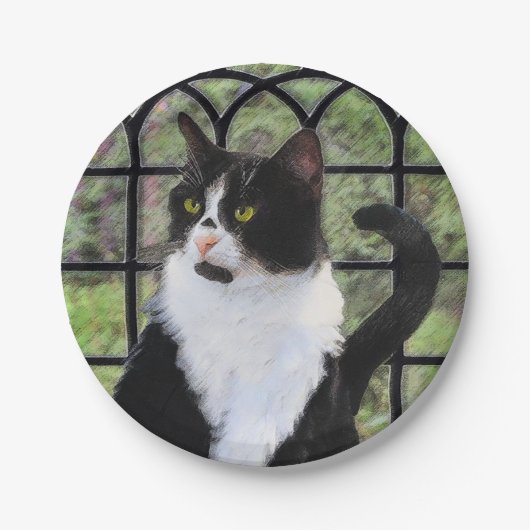 Tuxedo Cat in Window Painting Original Animal Art Pappteller (Vorderseite)