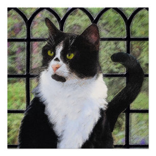 Tuxedo Cat in Window Painting Original Animal Art Poster