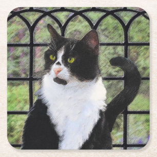 Tuxedo Cat in Window Painting Original Animal Art Rechteckiger Pappuntersetzer
