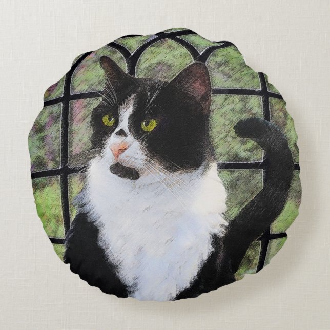 Tuxedo Cat in Window Painting Original Animal Art Rundes Kissen (Rückseite)