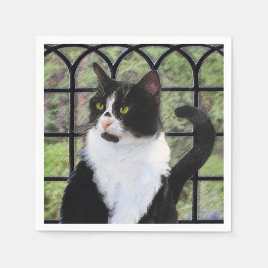 Tuxedo Cat in Window Painting Original Animal Art Serviette (Vorderseite)