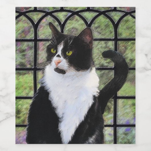 Tuxedo Cat in Window Painting Original Animal Art Weinetikett (Einzelnes Label)