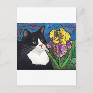 Tuxedo Cat Iris Blume Schmetterling Festglas Postkarte