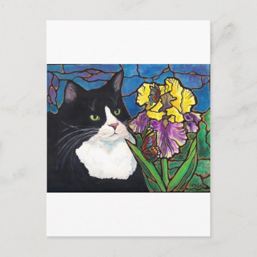 Tuxedo Cat Iris Blume Schmetterling Festglas Postkarte (Vorderseite)