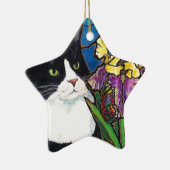 Tuxedo Cat Iris Flower Butterfly Stained Glass Keramikornament (Rechts)