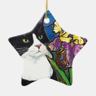 Tuxedo Cat Iris Flower Butterfly Stained Glass Keramikornament