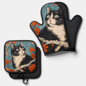 Tuxedo Cat Japanisches Gemälde Ofenhandschuh & Topflappen-Set (Vorderseite/Rückseite)
