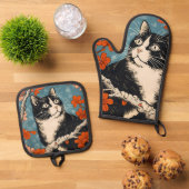 Tuxedo Cat Japanisches Gemälde Ofenhandschuh & Topflappen-Set (Oben Unten)