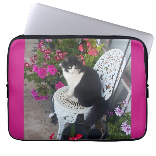 Tuxedo Cat Maroon Dark Pink Cats and Flowers Laptopschutzhülle (Vorderseite)