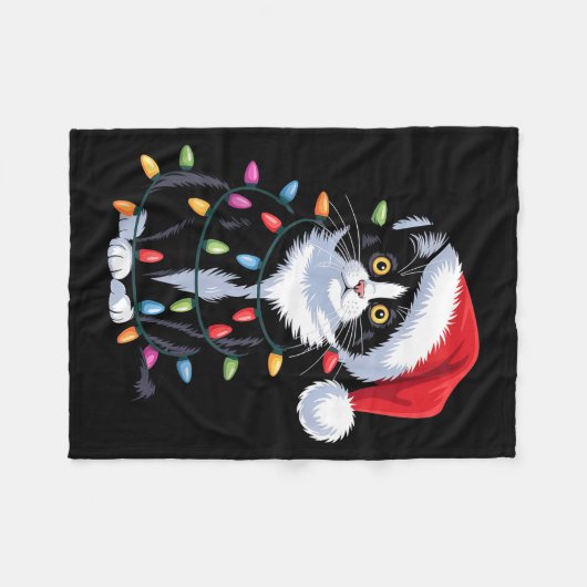 Tuxedo Cat Meow Santa Tuxie Christmas Tree Fleecedecke (Vorderseite (Horizontal))
