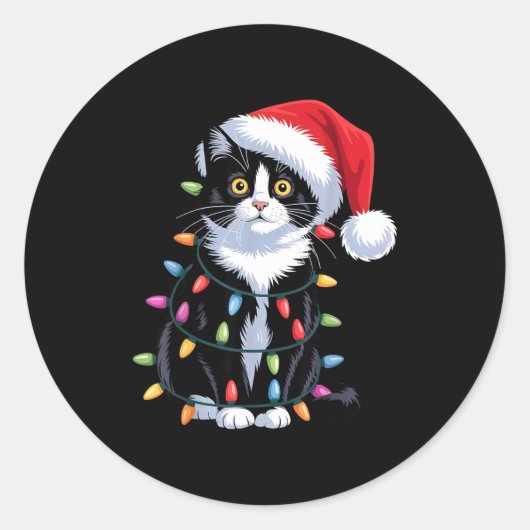 Tuxedo Cat Meow Santa Tuxie Christmas Tree Runder Aufkleber (Vorderseite)