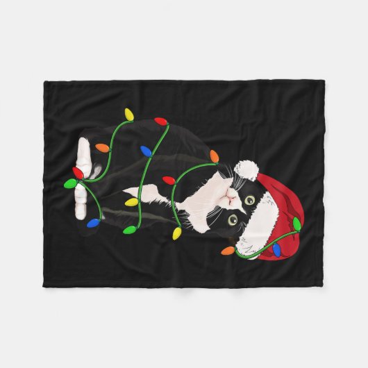 Tuxedo Cat Meow Santa Tuxie Weihnachtsbaumleuchten Fleecedecke (Vorderseite (Horizontal))