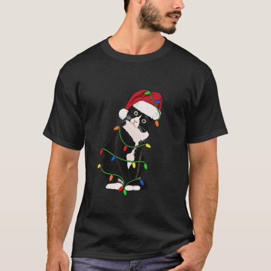 Tuxedo Cat Meow Santa Tuxie Weihnachtsbaumleuchten T-Shirt (Vorderseite)