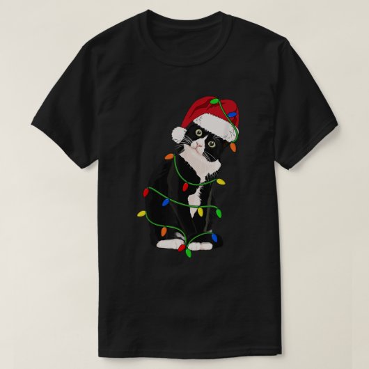 Tuxedo Cat Meow Santa Tuxie Weihnachtsbaumleuchten T-Shirt (Design vorne)