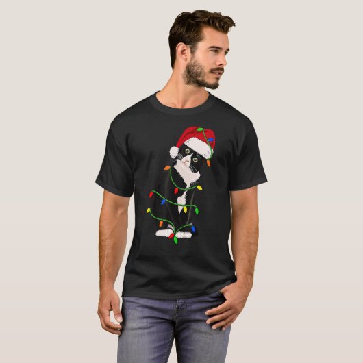Tuxedo Cat Meow Santa Tuxie Weihnachtsbaumleuchten T-Shirt (Vorne ganz)