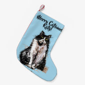 Tuxedo Cat Merry Catsmus Blue Christmas Strumpf Kleiner Weihnachtsstrumpf (Vorderansicht (hängend))