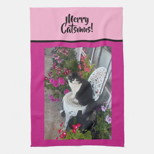 Tuxedo Cat Merry Catsmus Pink Christmas Cats Geschirrtuch (Vertikal)